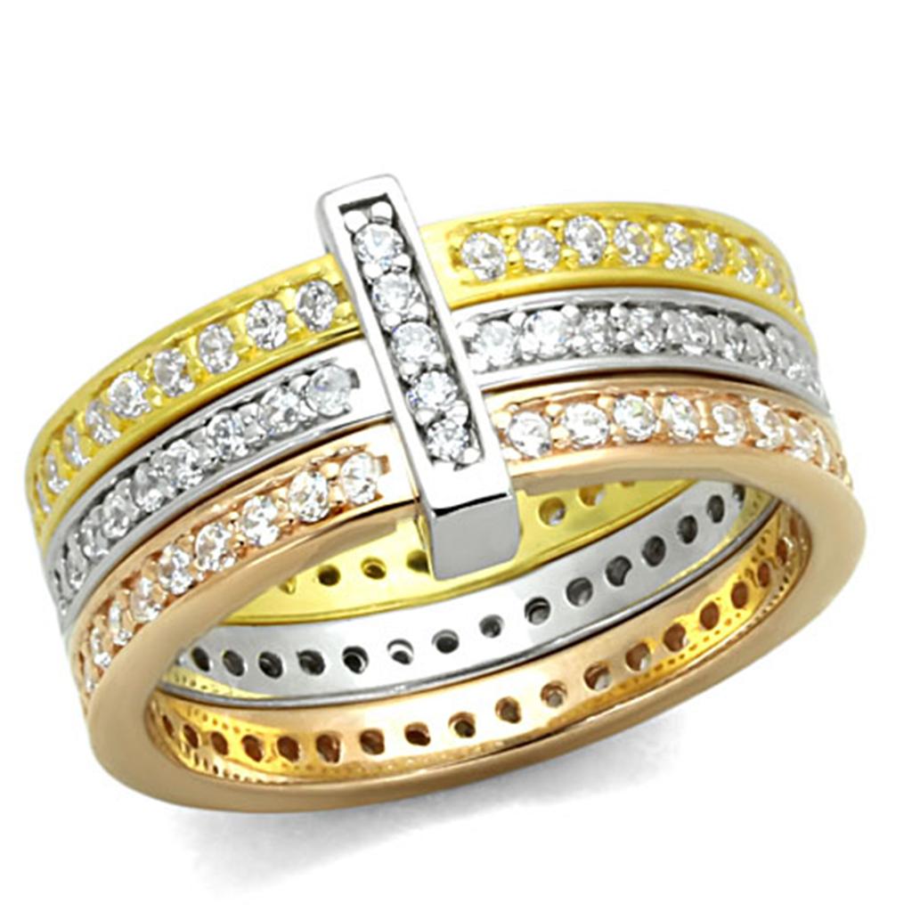 LOS811 - Rhodium + Gold + Rose Gold 925 Sterling Silver Ring with AAA Grade CZ  in Clear LuxuryLifeWay Online Store