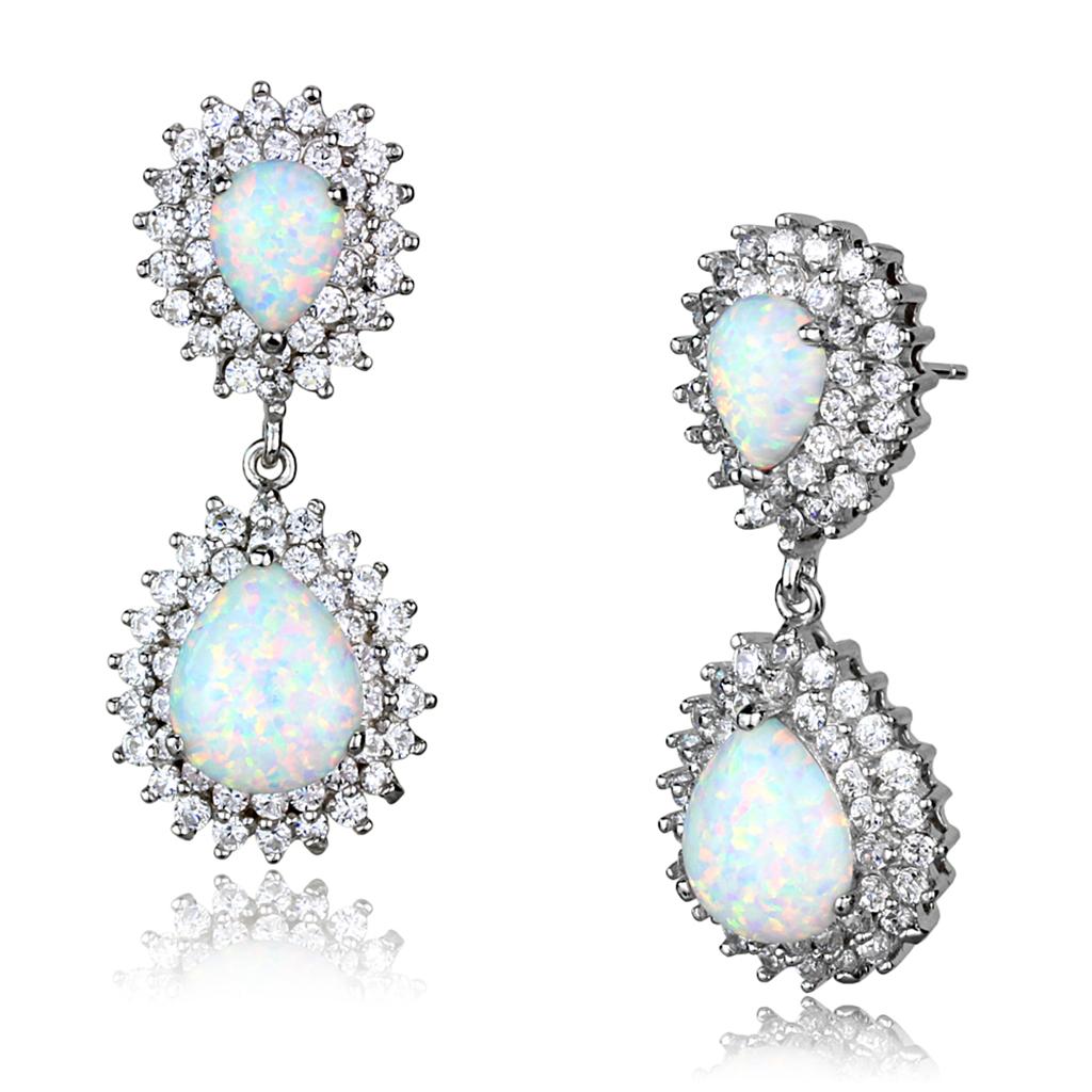 LOS879 - Rhodium 925 Sterling Silver Earrings with Semi-Precious Opal in Aurora Borealis (Rainbow Effect) LuxuryLifeWay Online Store