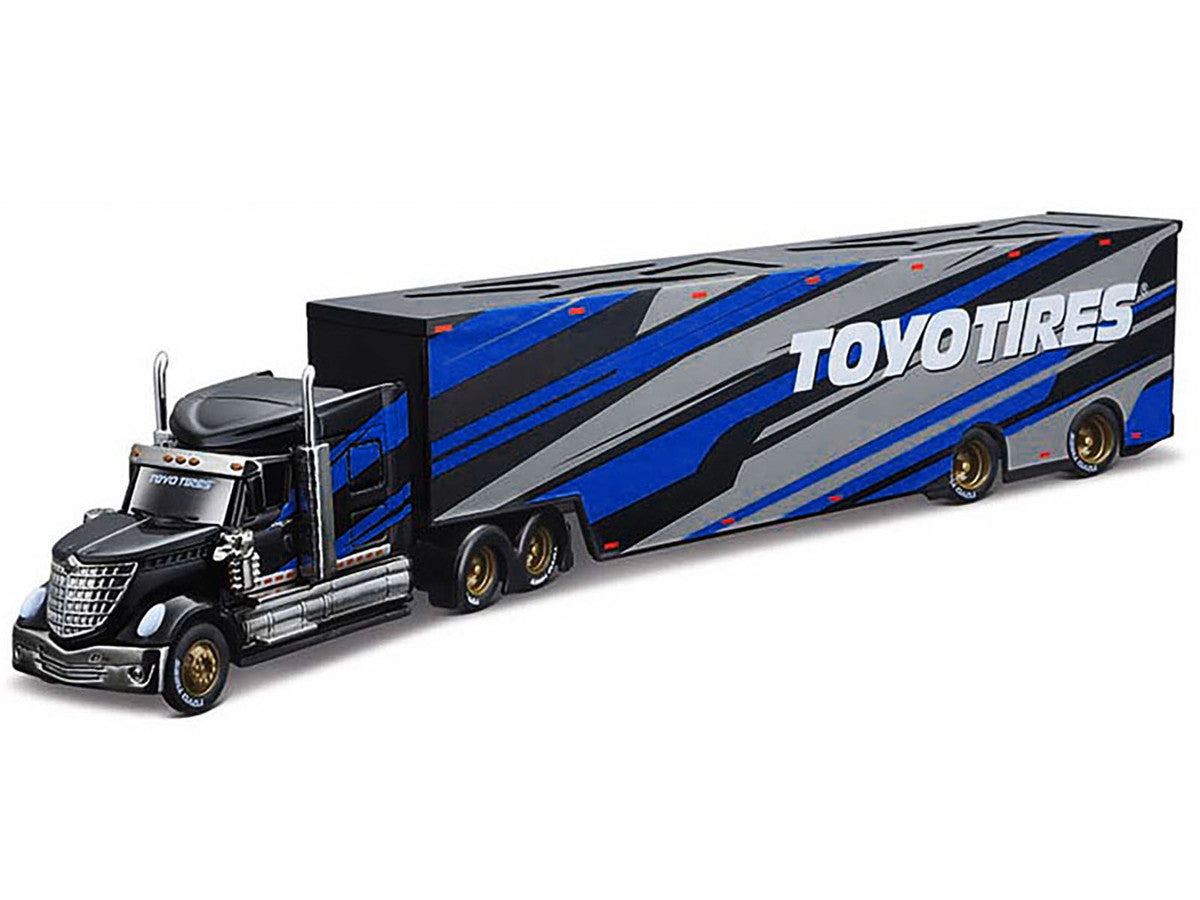 International LoneStar Enclosed Car Transporter "Toyo Tires" Black with Blue and Gray Stripes "Custom Haulers" Series 1/64 Diecast Model by Maisto LuxuryLifeWay Online Store