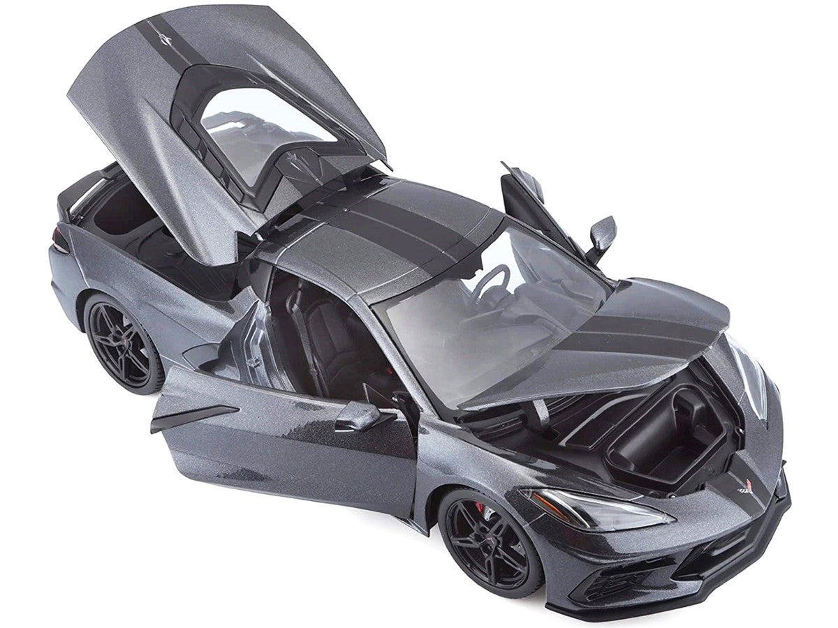 2020 Chevrolet Corvette Stingray C8 Dark Gray Metallic with Racing Stripes 1/18 Diecast Model Car by Maisto LuxuryLifeWay Online Store