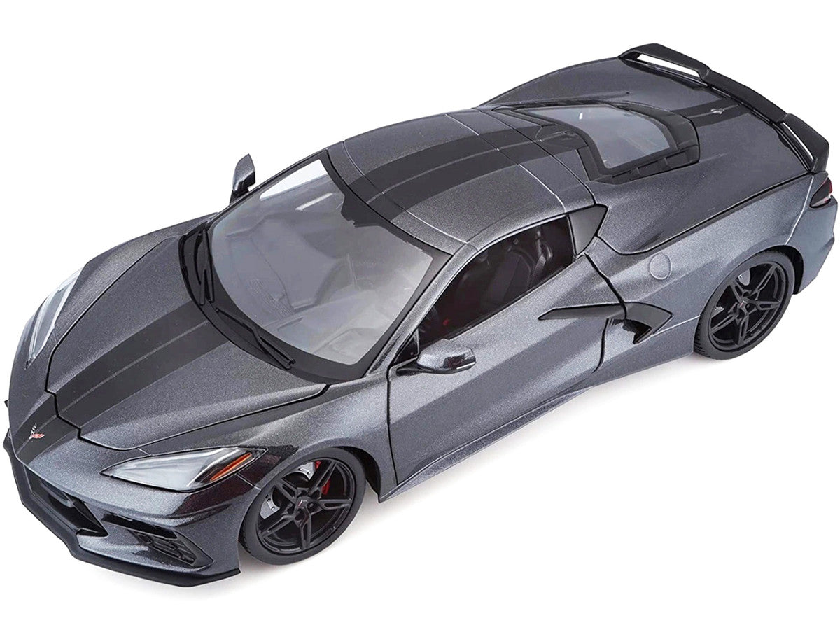 2020 Chevrolet Corvette Stingray C8 Dark Gray Metallic with Racing Stripes 1/18 Diecast Model Car by Maisto LuxuryLifeWay Online Store