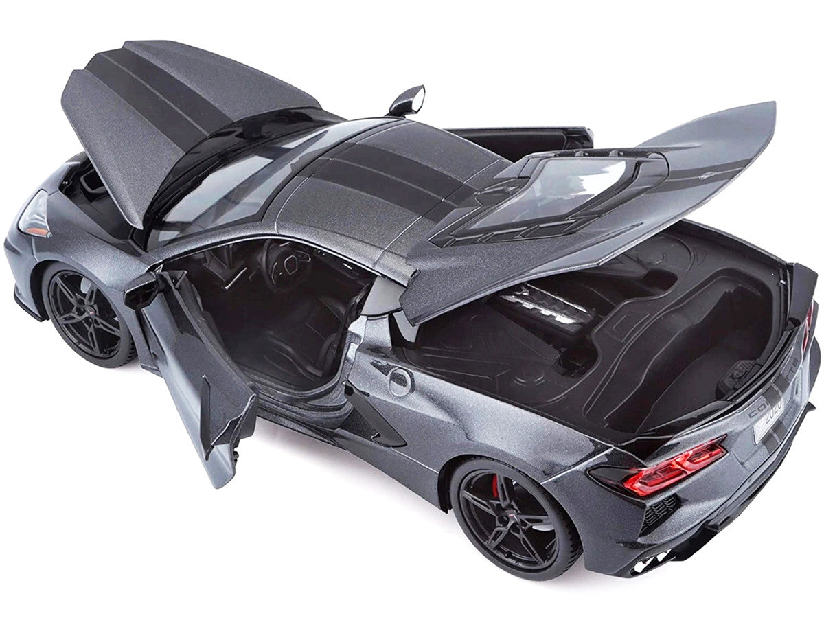 2020 Chevrolet Corvette Stingray C8 Dark Gray Metallic with Racing Stripes 1/18 Diecast Model Car by Maisto LuxuryLifeWay Online Store
