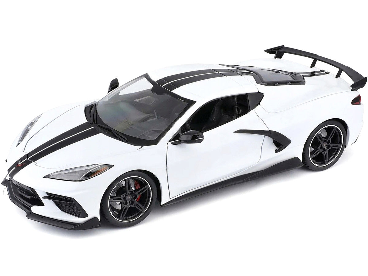 2020 Chevrolet Corvette Stingray C8 Coupe with High Wing White with Black Stripes 1/18 Diecast Model Car by Maisto LuxuryLifeWay Online Store