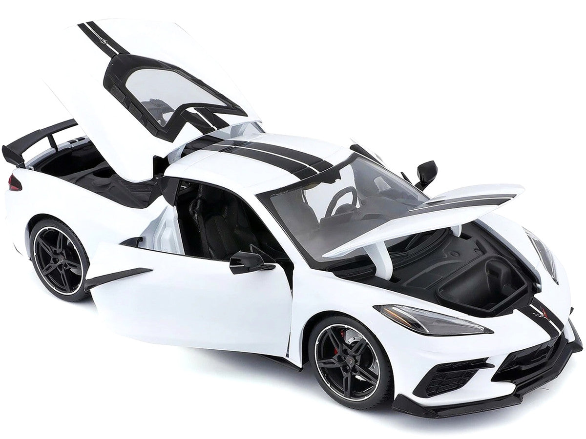 2020 Chevrolet Corvette Stingray C8 Coupe with High Wing White with Black Stripes 1/18 Diecast Model Car by Maisto LuxuryLifeWay Online Store