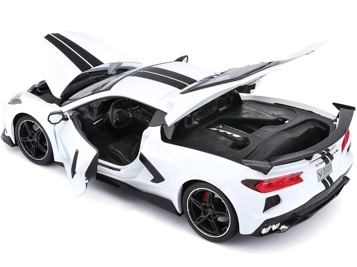 2020 Chevrolet Corvette Stingray C8 Coupe with High Wing White with Black Stripes 1/18 Diecast Model Car by Maisto LuxuryLifeWay Online Store