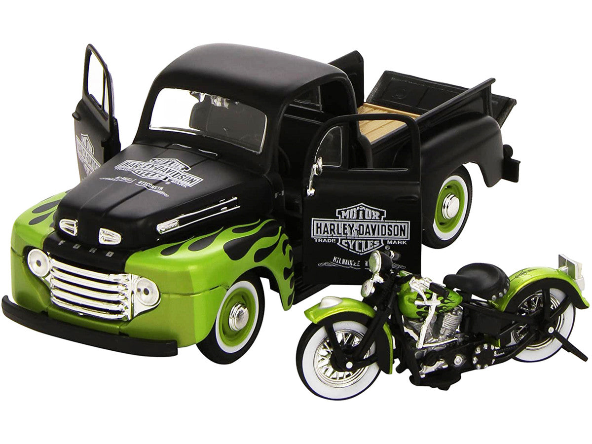 1948 Ford F-1 Pickup Truck "Harley Davidson" with 1948 Harley Davidson FL Panhead Motorcycle Black and Green 1/24 Diecast Models by Maisto LuxuryLifeWay Online Store