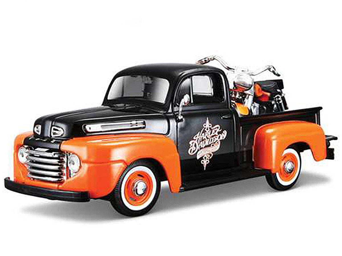 1948 Ford F-1 Pickup Truck with 1958 Harley Davidson FLH Duo Glide Motorcycle Orange and Black 1/24 Diecast Models by Maisto LuxuryLifeWay Online Store