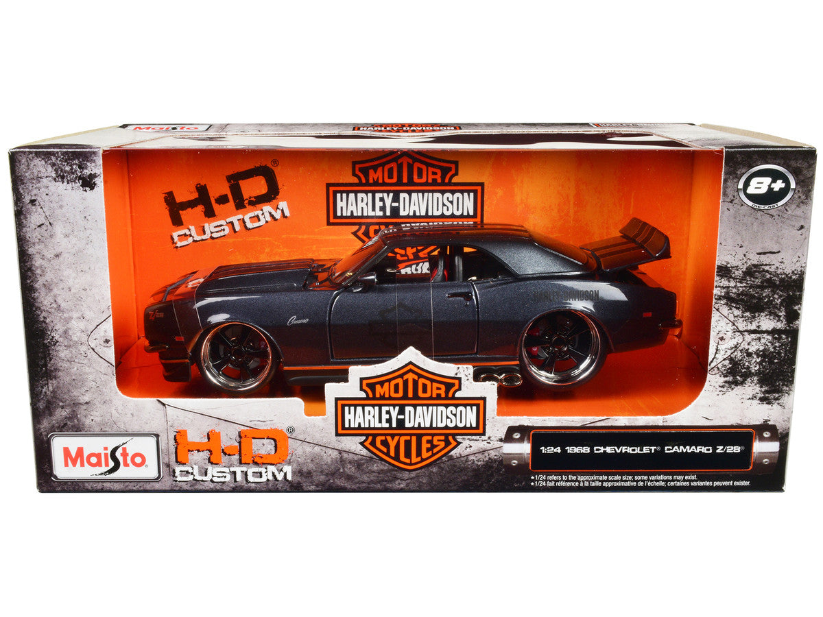 1968 Chevrolet Camaro Z/28 Dark Gray Metallic with Black and Orange Stripes "Harley Davidson" "H-D Custom" 1/24 Diecast Model Car by Maisto LuxuryLifeWay Online Store