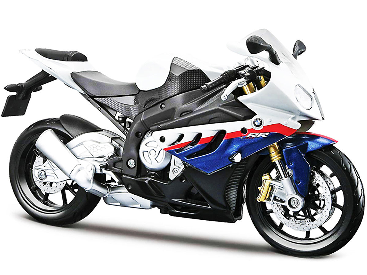 BMW S 1000 RR White with Blue and Red Stripes with Plastic Display Stand 1/12 Diecast Motorcycle Model by Maisto LuxuryLifeWay Online Store