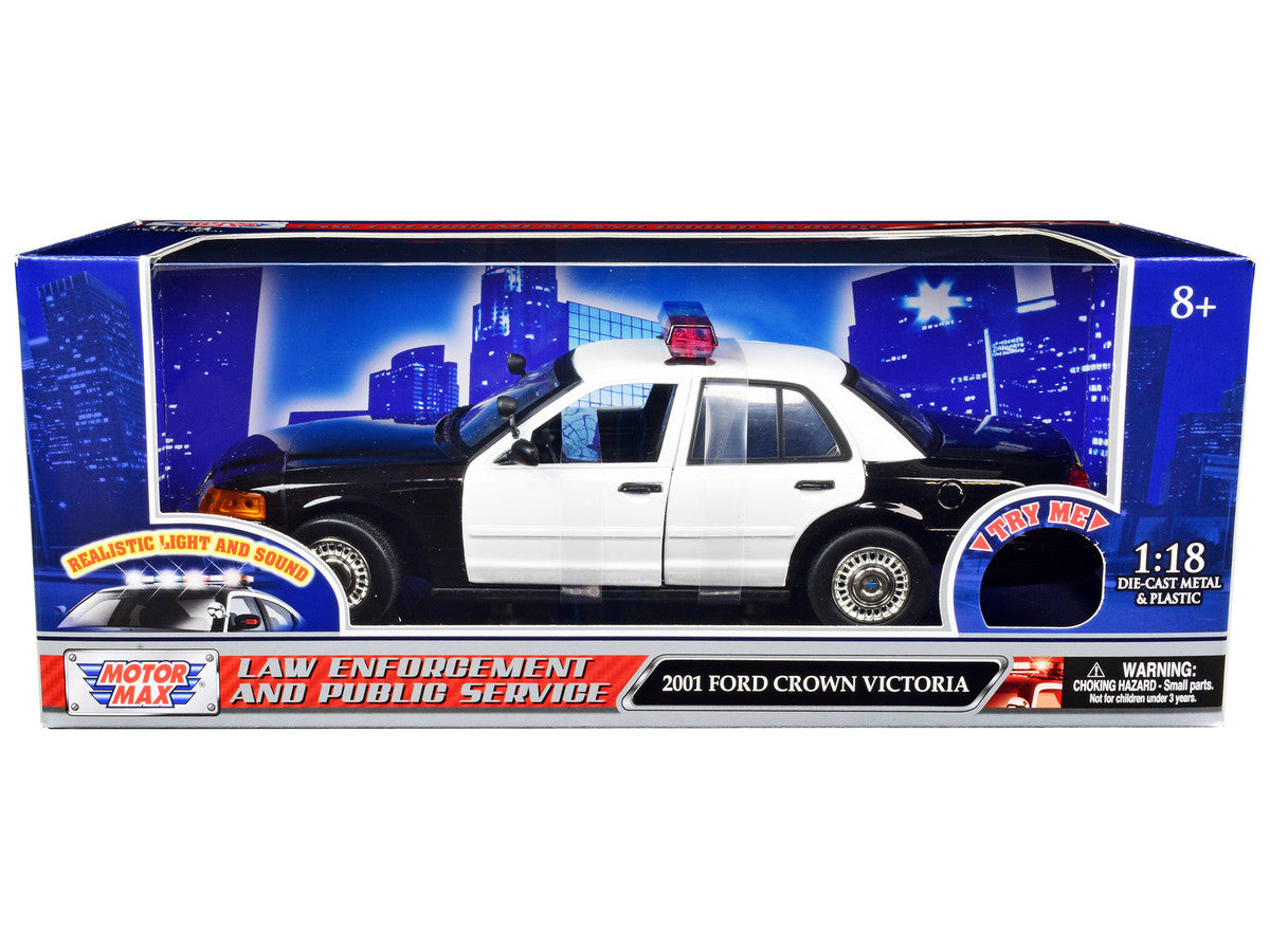 2001 Ford Crown Victoria Police Car Plain Black & White with Flashing Light Bar & Front and Rear Lights and Sound 1/18 Diecast Model Car by Motormax LuxuryLifeWay Online Store