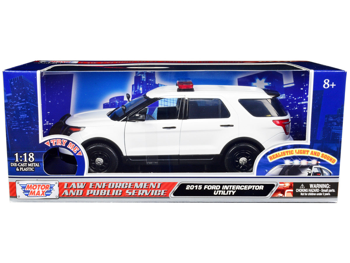 2015 Ford Police Interceptor Utility White with Flashing Light Bar and Front and Rear Lights and 2 Sounds 1/18 Diecast Model Car by Motormax LuxuryLifeWay Online Store