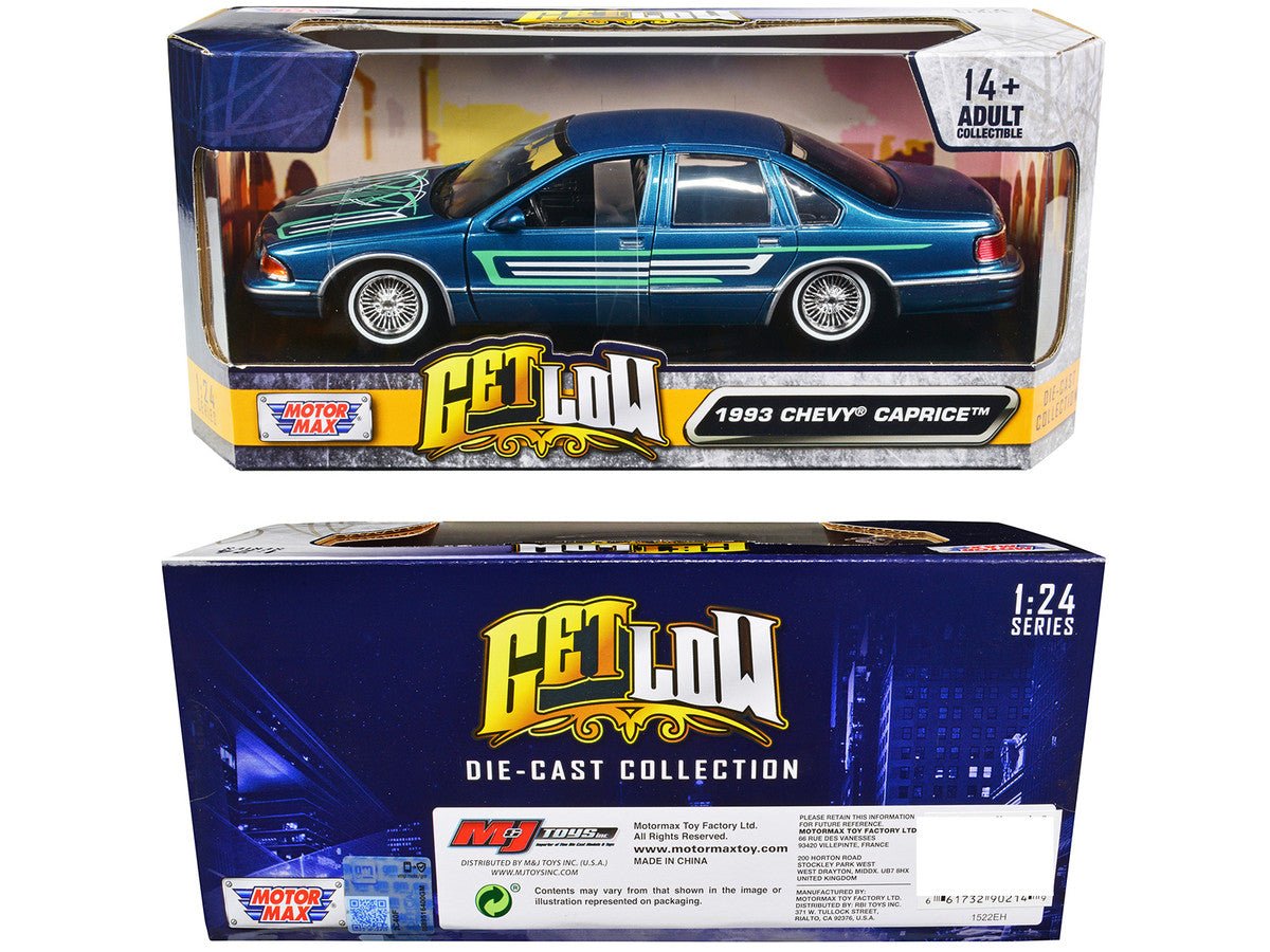1993 Chevrolet Caprice Lowrider Blue Metallic with Graphics "Get Low" Series 1/24 Diecast Model Car by Motormax LuxuryLifeWay Online Store