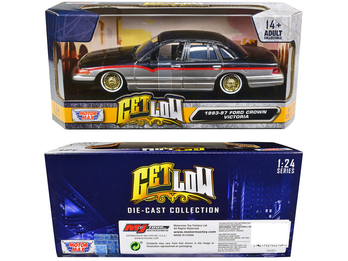 1993-1997 Ford Crown Victoria Lowrider Black Metallic and Silver with Red Stripes "Get Low" Series 1/24 Diecast Model Car by Motormax LuxuryLifeWay Online Store