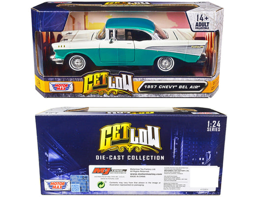 1957 Chevrolet Bel Air Lowrider Turquoise Metallic and White "Get Low" Series 1/24 Diecast Model Car by Motormax LuxuryLifeWay Online Store