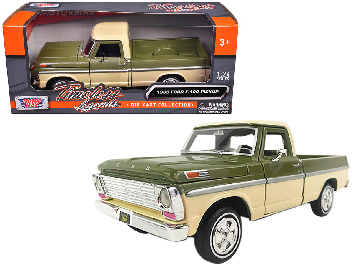 1969 Ford F-100 Pickup Truck Light Green and Cream 1/24 Diecast Model Car by Motormax LuxuryLifeWay Online Store