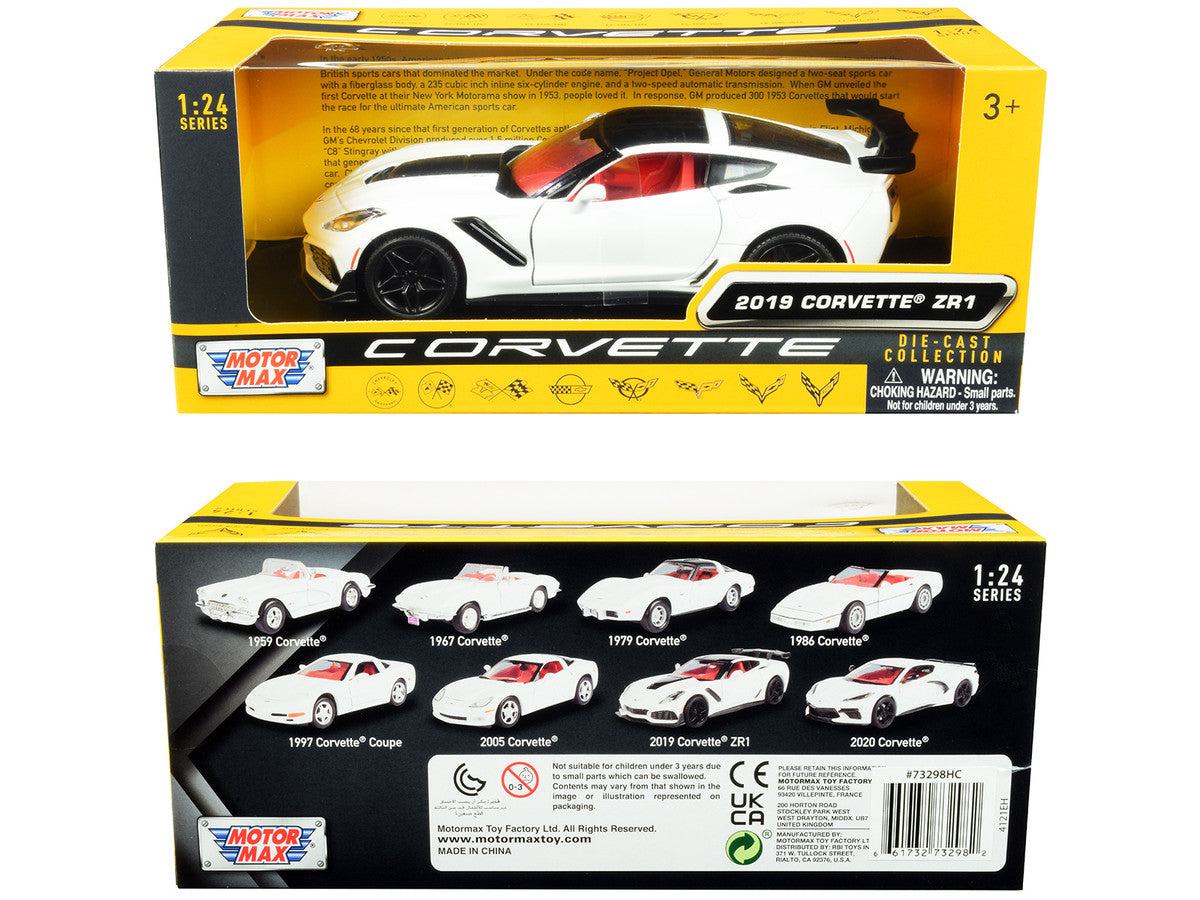 2019 Chevrolet Corvette C7 ZR1 White and Black with Red Interior "History of Corvette" Series 1/24 Diecast Model Car by Motormax LuxuryLifeWay Online Store