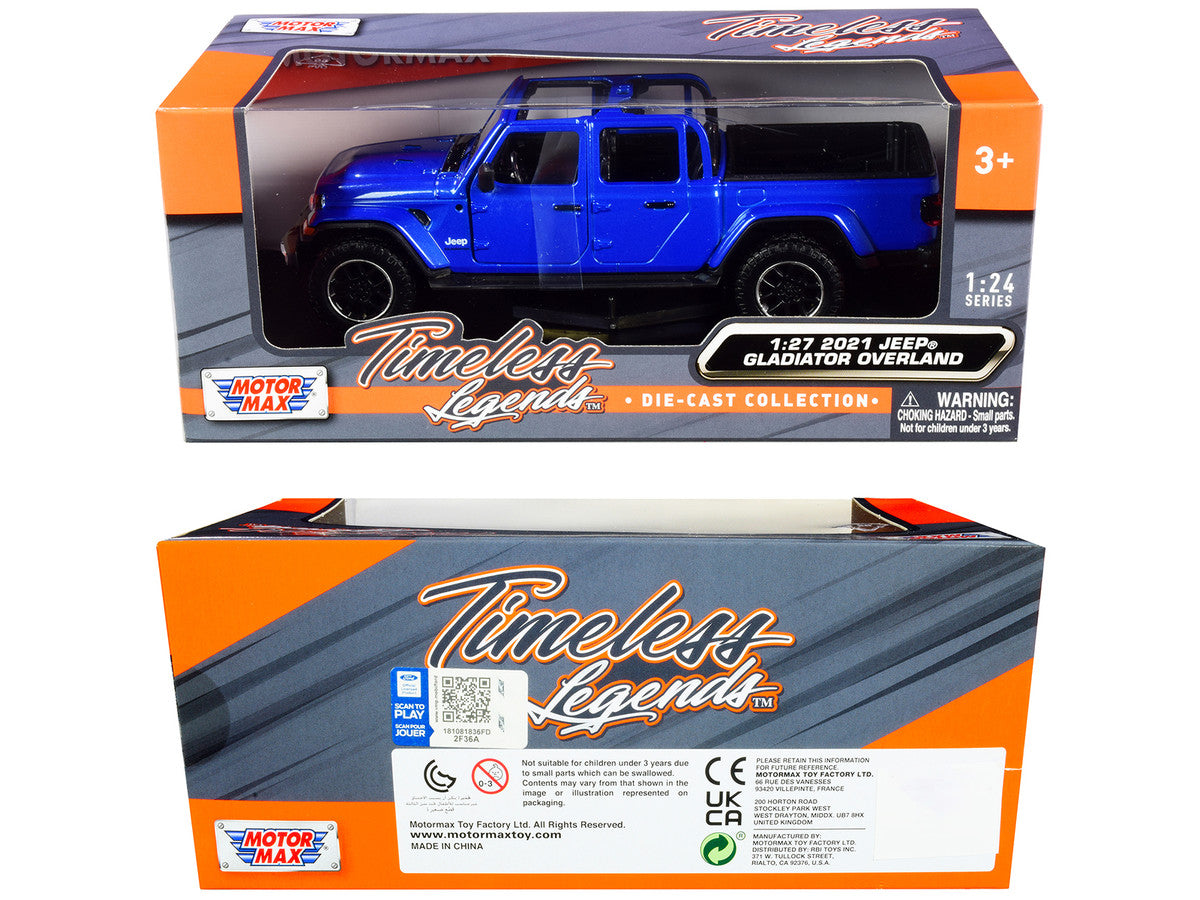 2021 Jeep Gladiator Overland (Open Top) Pickup Truck Blue Metallic 1/24-1/27 Diecast Model Car by Motormax LuxuryLifeWay Online Store