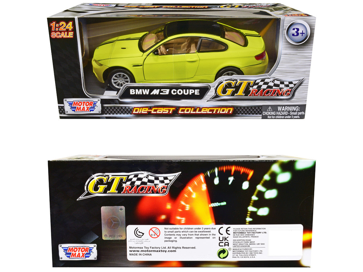 BMW M3 Coupe Neon Yellow with Matt Black Top and Stripes "GT Racing" Series 1/24 Diecast Model Car by Motormax LuxuryLifeWay Online Store