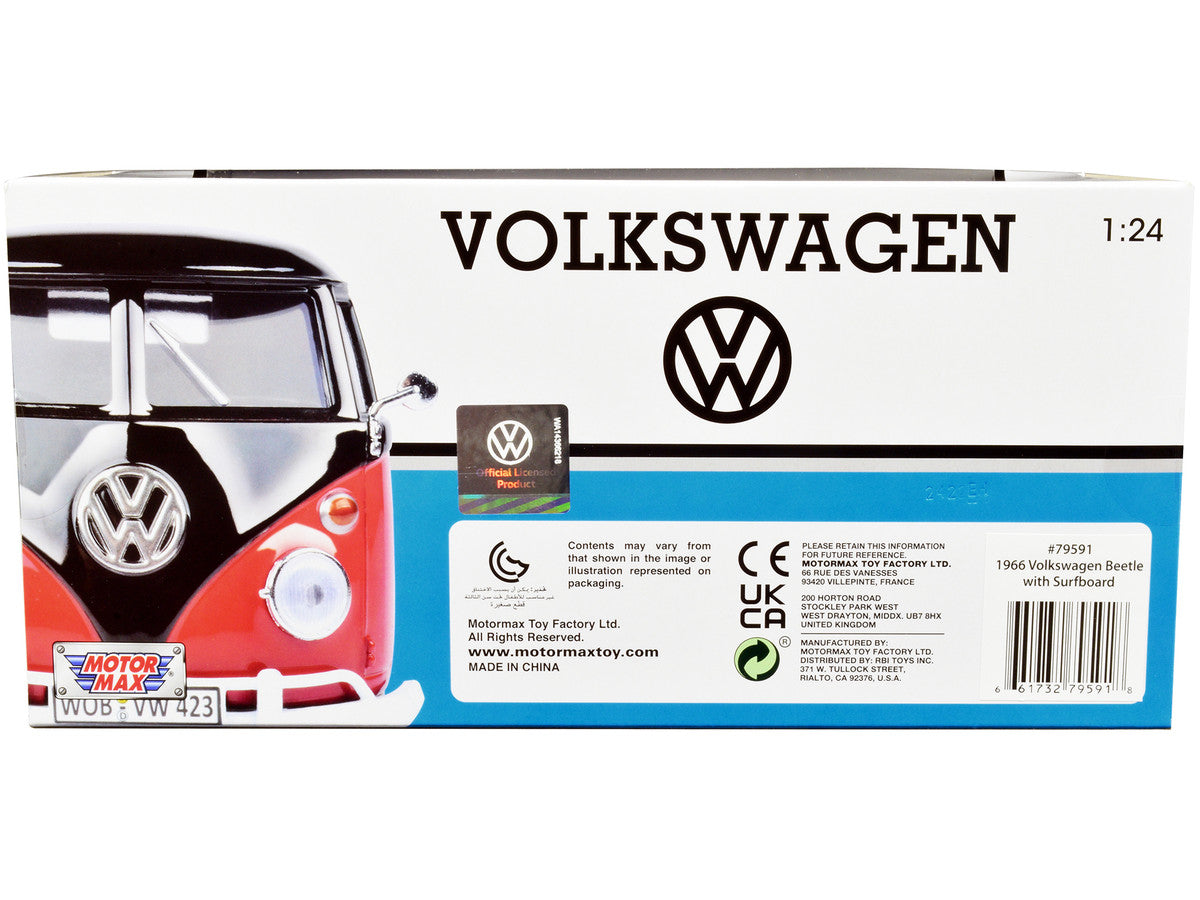 1966 Volkswagen Beetle Black with Wood Panels and Two Surfboards on Roof Rack 1/24 Diecast Model Car by Motormax LuxuryLifeWay Online Store