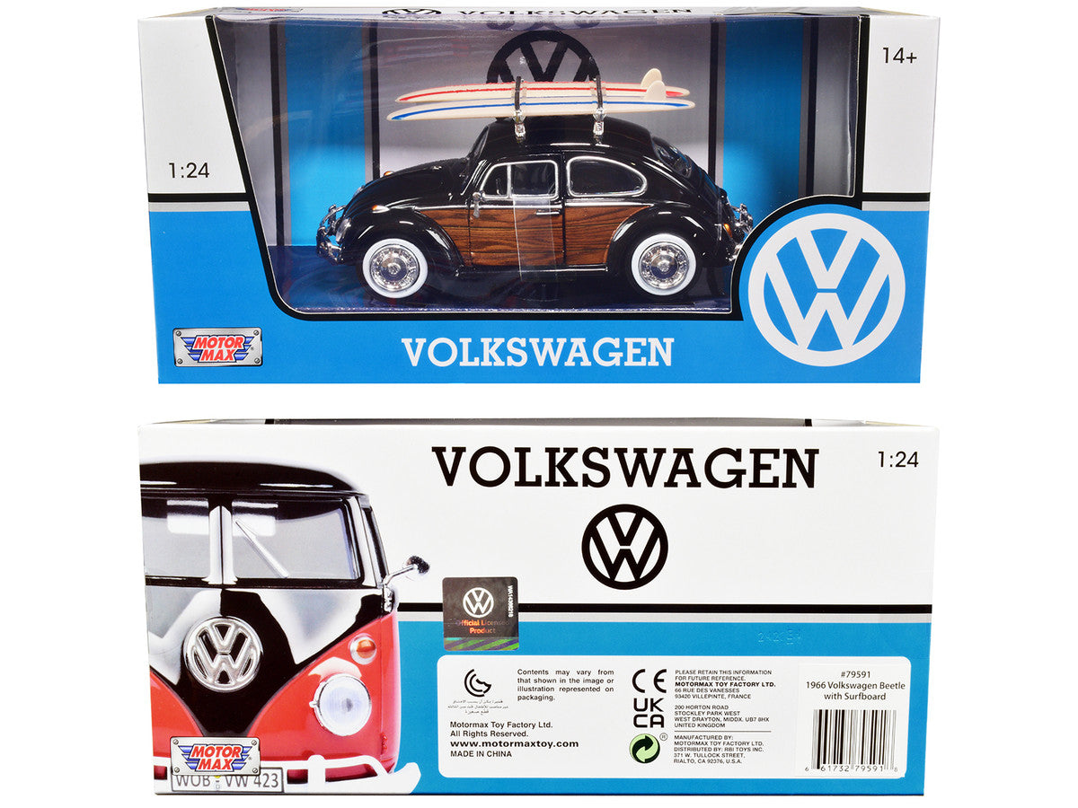 1966 Volkswagen Beetle Black with Wood Panels and Two Surfboards on Roof Rack 1/24 Diecast Model Car by Motormax LuxuryLifeWay Online Store