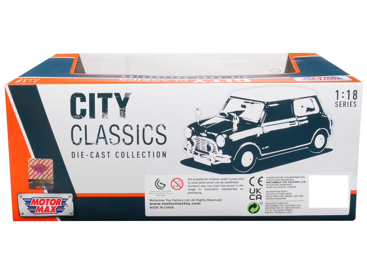1961-1967 Morris Mini Cooper RHD (Right Hand Drive) Dark Blue with British Flag on the Top and Roof Rack "City Classics" Series 1/18 Diecast Model Car by Motormax LuxuryLifeWay Online Store