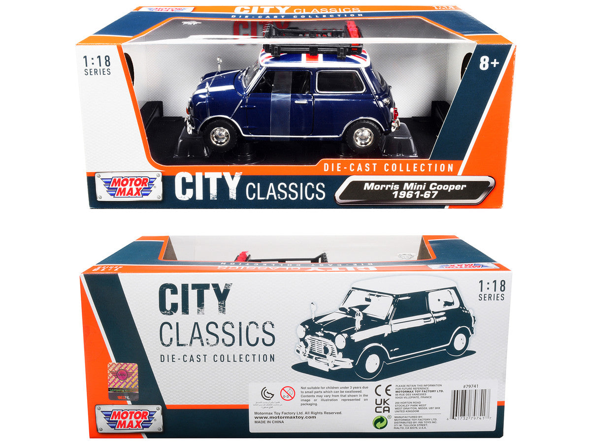 1961-1967 Morris Mini Cooper RHD (Right Hand Drive) Dark Blue with British Flag on the Top and Roof Rack "City Classics" Series 1/18 Diecast Model Car by Motormax LuxuryLifeWay Online Store