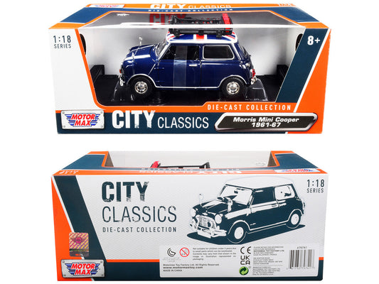 1961-1967 Morris Mini Cooper RHD (Right Hand Drive) Dark Blue with British Flag on the Top and Roof Rack "City Classics" Series 1/18 Diecast Model Car by Motormax LuxuryLifeWay Online Store