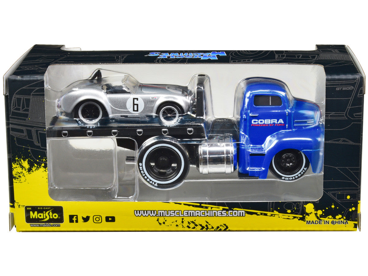 1950 Ford COE Flatbed Truck Blue "Cobra Powered by Ford" and 1964 Shelby Cobra #6 Silver Metallic with Stripes "Muscle Transports" Series 1/64 Diecast Model Cars by Muscle Machines LuxuryLifeWay Online Store