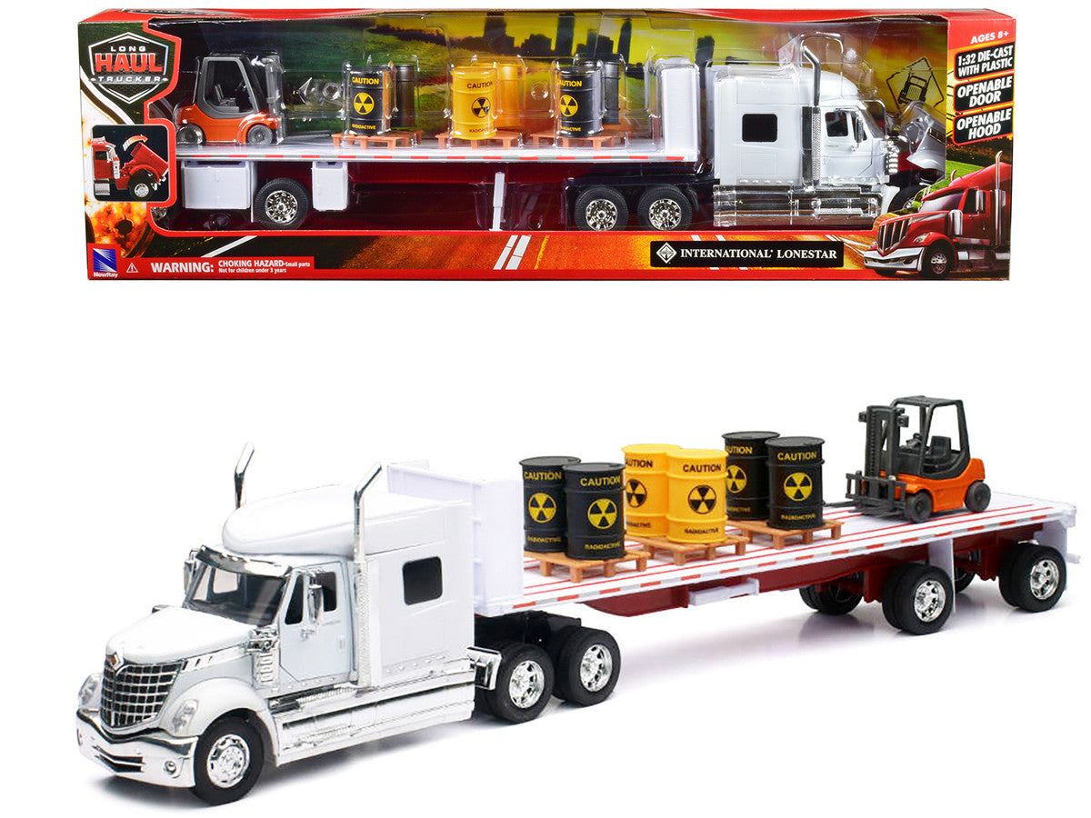 International Lonestar Flatbed Truck White with 6 Toxic Barrels 3 Pallets and Forklift "Long Haul Trucker" Series 1/32 Diecast Model by New Ray LuxuryLifeWay Online Store