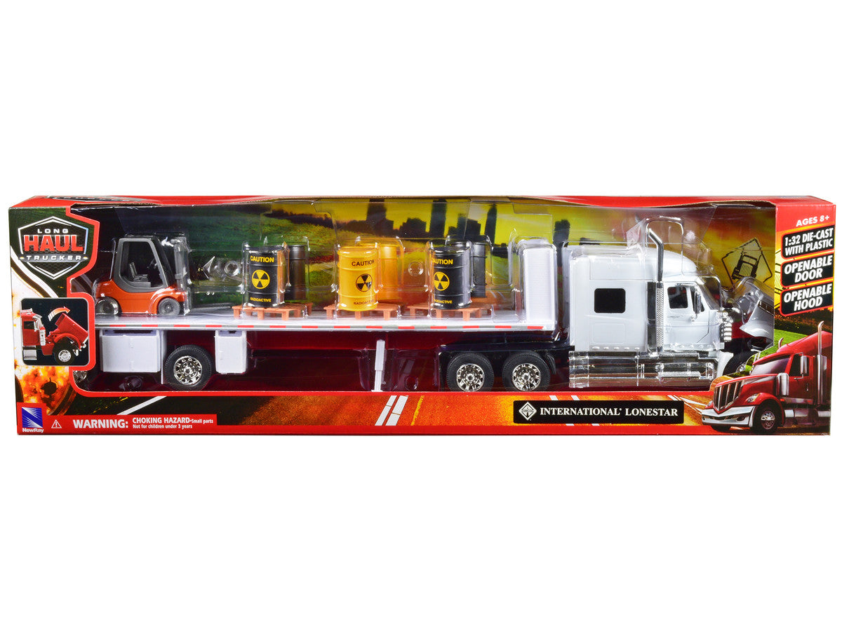 International Lonestar Flatbed Truck White with 6 Toxic Barrels 3 Pallets and Forklift "Long Haul Trucker" Series 1/32 Diecast Model by New Ray LuxuryLifeWay Online Store