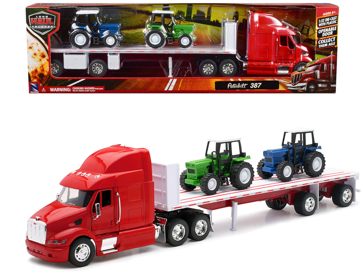 Peterbilt 387 Flatbed Truck Red with 2 Farm Tractors Blue and Green "Long Haul Trucker" Series 1/32 Diecast Model by New Ray LuxuryLifeWay Online Store