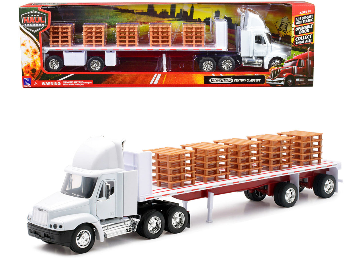 Freightliner Century Class S/T Flatbed Truck White with Pallet Accessories "Long Haul Trucker" Series 1/32 Diecast Model by New Ray LuxuryLifeWay Online Store