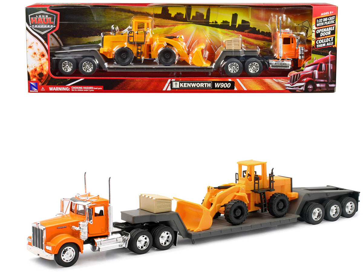 Kenworth W900 Truck with Lowboy Trailer Orange and Wheel Loader Yellow "Long Haul Trucker" Series 1/32 Diecast Model by New Ray LuxuryLifeWay Online Store
