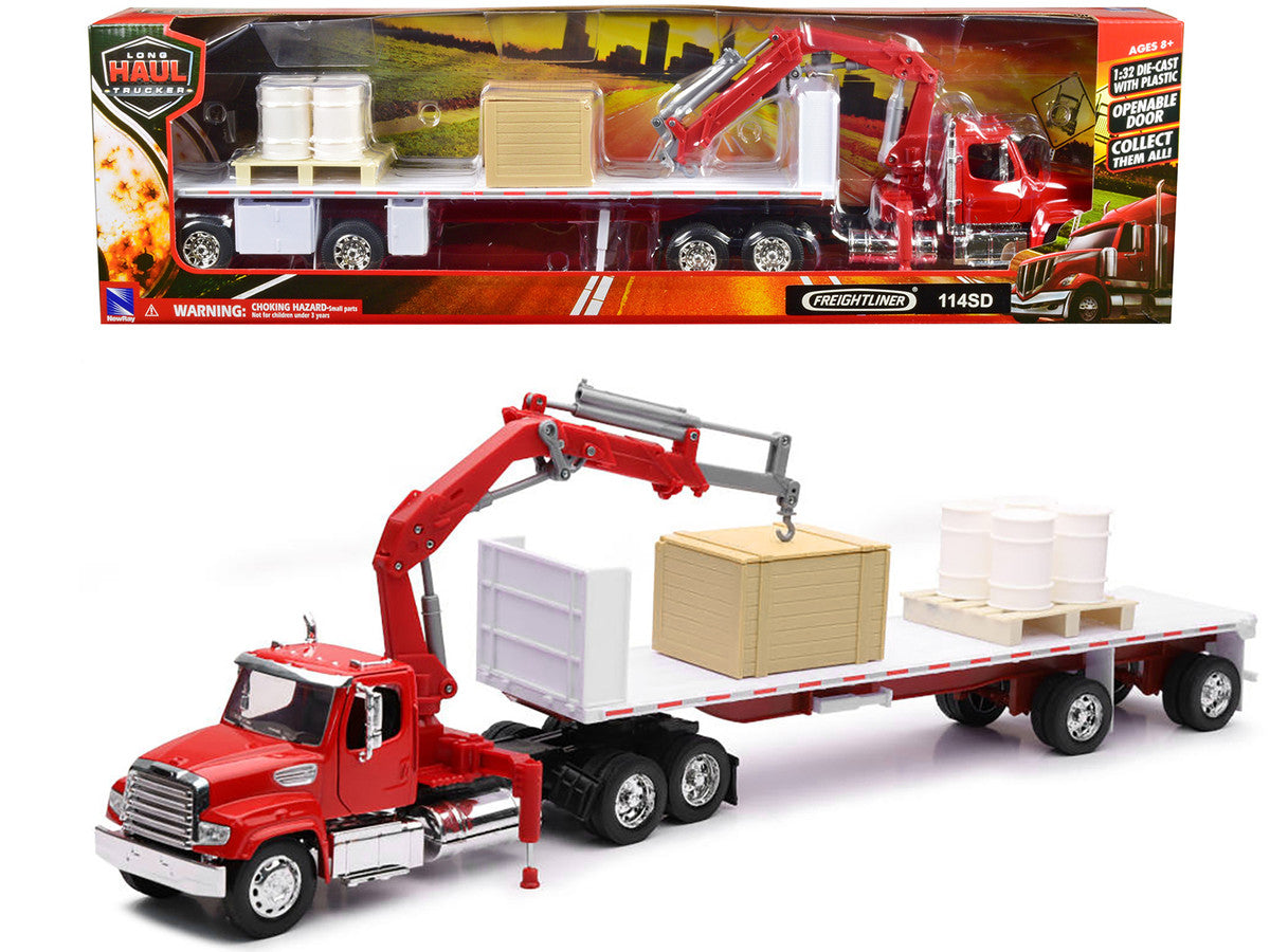 Freightliner 114SD Flatbed Truck with Crane Red with Accessories "Long Haul Trucker" Series 1/32 Diecast Model by New Ray LuxuryLifeWay Online Store