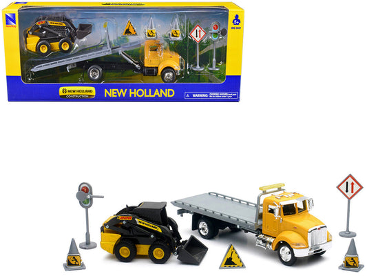 Peterbilt Roll-Off Flatbed Truck Yellow and New Holland L228 Skid Steer Yellow with Road Signs "New Holland Construction" Series 1/43 Diecast Model by New Ray LuxuryLifeWay Online Store
