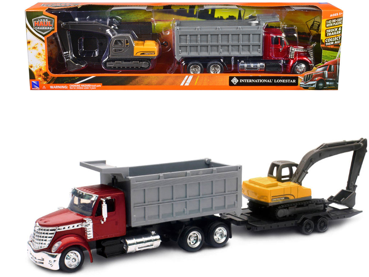 International Lonestar Dump Truck Red and Tracked Excavator Yellow with Flatbed Trailer "Long Haul Truckers" Series 1/43 Diecast Model by New Ray LuxuryLifeWay Online Store
