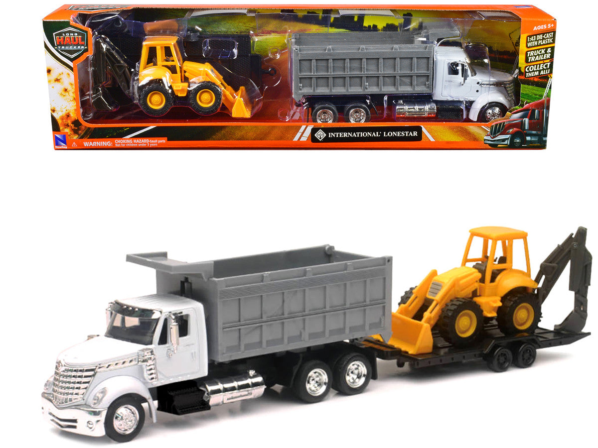International Lonestar Dump Truck White and Wheel Loader Yellow with Flatbed Trailer "Long Haul Truckers" Series 1/43 Diecast Model by New Ray LuxuryLifeWay Online Store