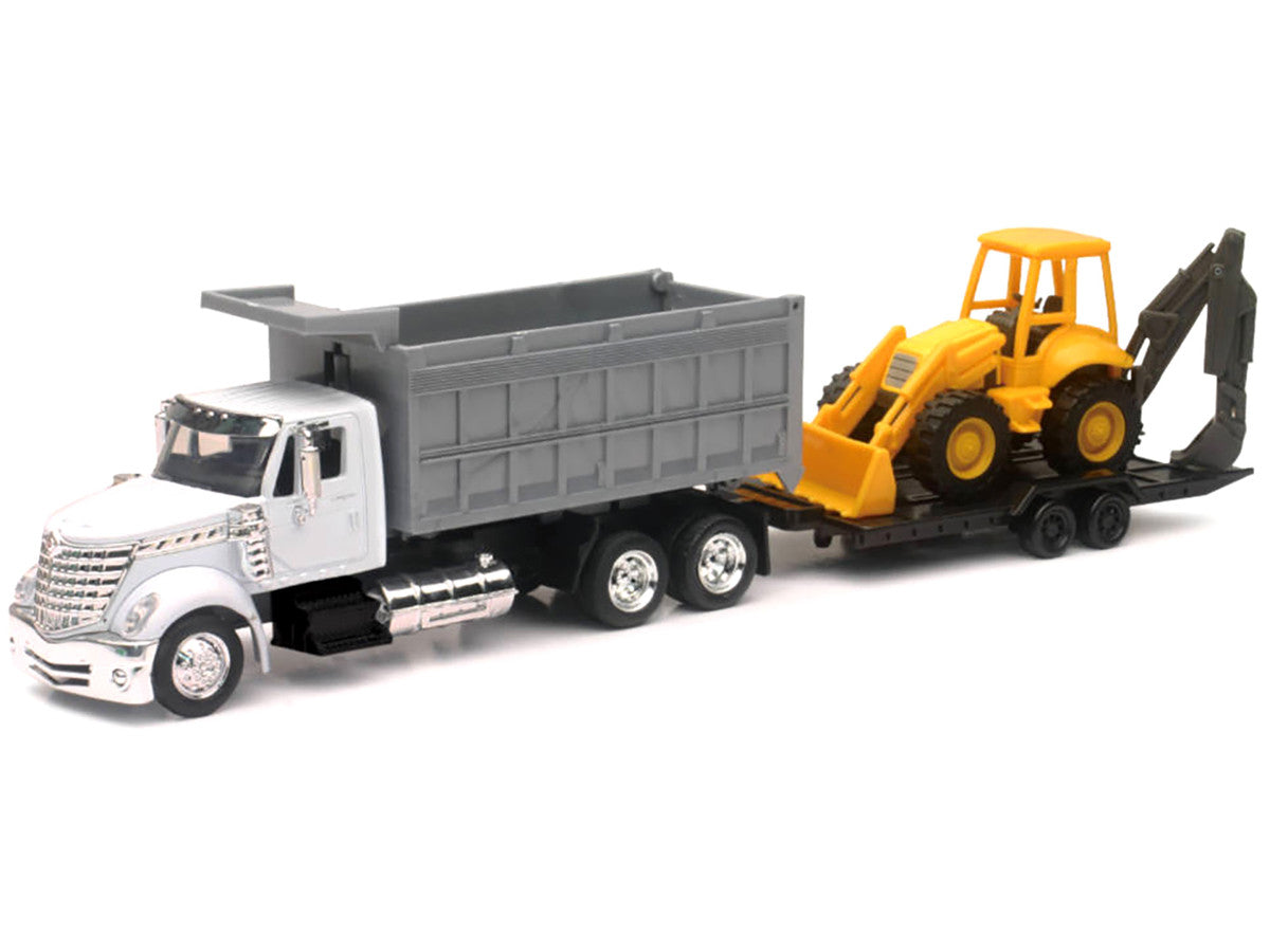 International Lonestar Dump Truck White and Wheel Loader Yellow with Flatbed Trailer "Long Haul Truckers" Series 1/43 Diecast Model by New Ray LuxuryLifeWay Online Store