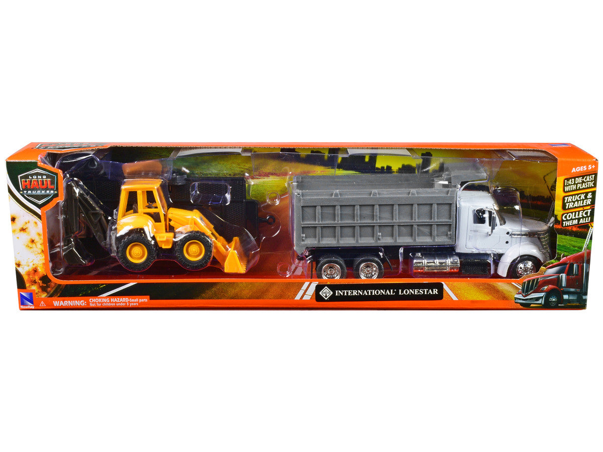 International Lonestar Dump Truck White and Wheel Loader Yellow with Flatbed Trailer "Long Haul Truckers" Series 1/43 Diecast Model by New Ray LuxuryLifeWay Online Store