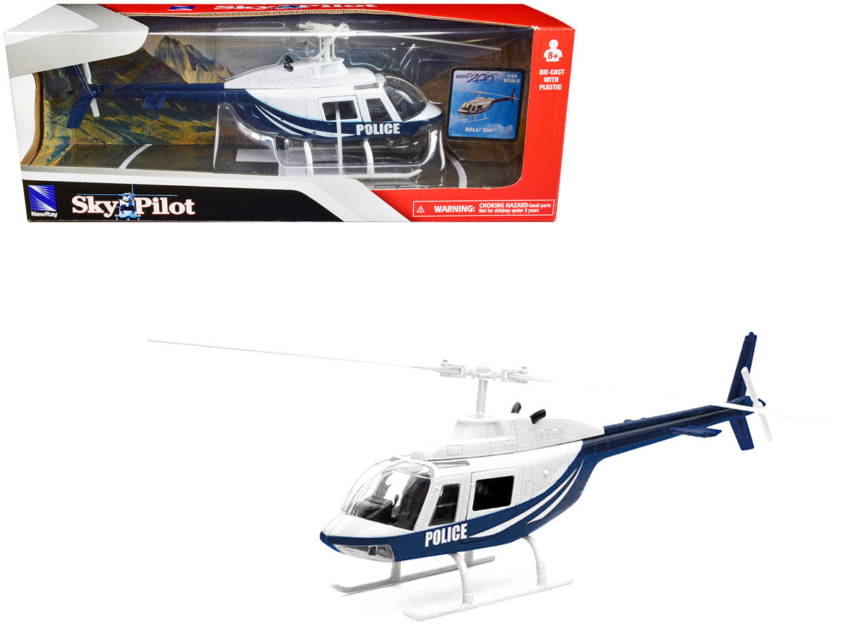 Bell 206 Helicopter Dark Blue and White "Police" "Sky Pilot" Series 1/34 Diecast Model by New Ray LuxuryLifeWay Online Store