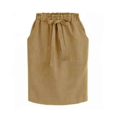 Women's Cotton Elastic Waist Bow Skirt - Summer/Autumn Midi Office Pencil Style (Green)