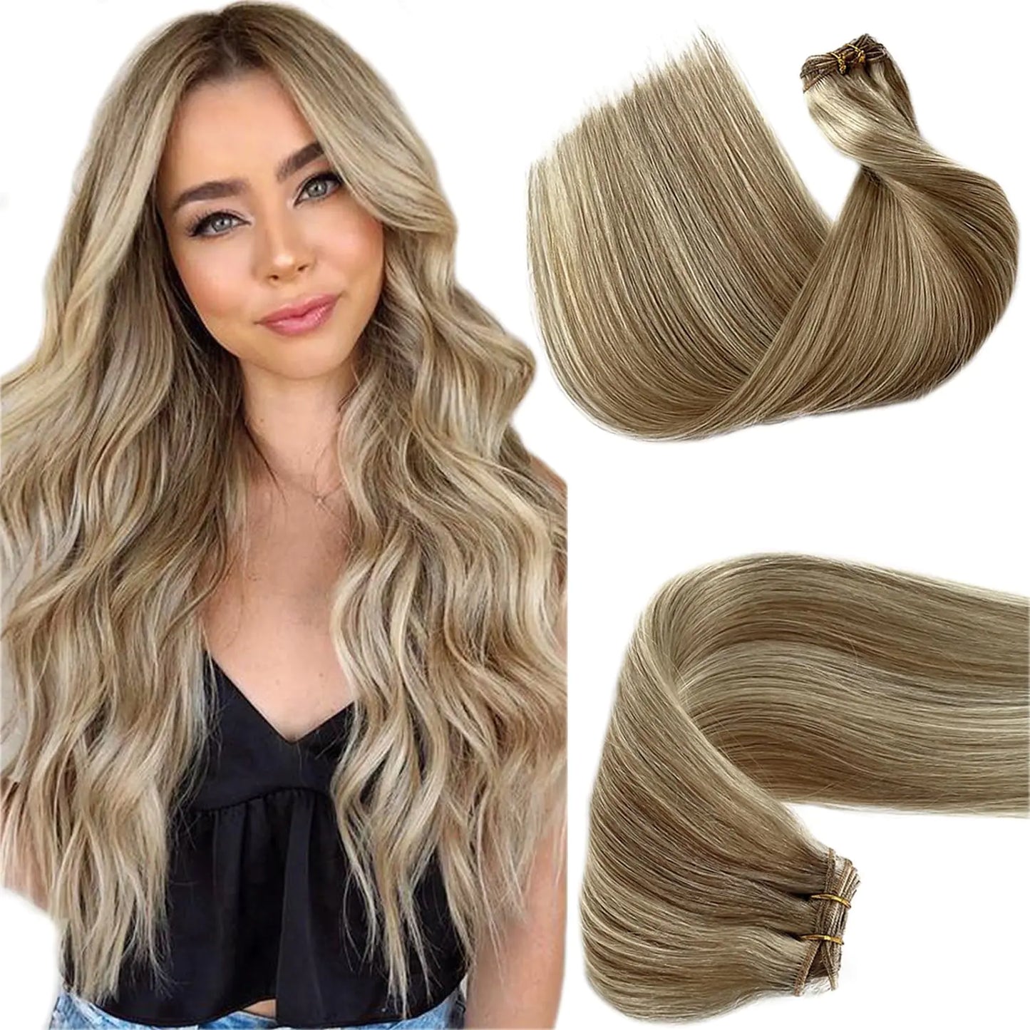 Sew in Hair Extensions Real Human Hair Weft Hair Extensions Ash Brown to Platinum Blonde Hand Tied Weft Hair Extensions for White Women Double Weft Hair Extensions Sew in Human Hair 80G 12 Inch