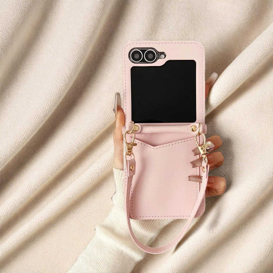 Luxury Leather Card Holder Case for Samsung Galaxy Z Flip 3 4 5 6 | Wrist Strap Folding Wallet Cover with Solid Color Design LuxuryLifeWay Online Store