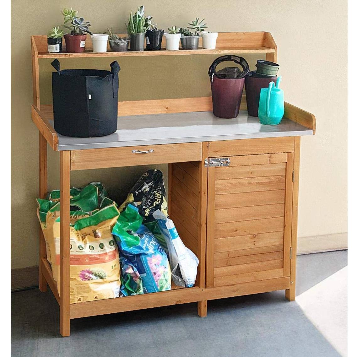 Natural Fir Wood Potting Bench with Galvanized Steel Table Top LuxuryLifeWay Online Store