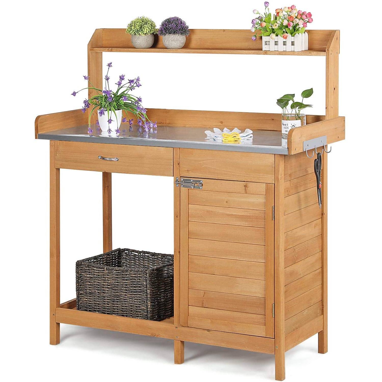 Natural Fir Wood Potting Bench with Galvanized Steel Table Top LuxuryLifeWay Online Store