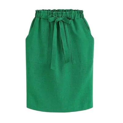 Women's Cotton Elastic Waist Bow Skirt - Summer/Autumn Midi Office Pencil Style (Green)