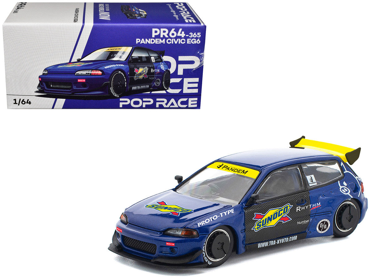 Pandem Civic EG6 RHD (Right Hand Drive) "Sunoco" Blue Metallic with Yellow Accents 1/64 Diecast Model Car by Pop Race LuxuryLifeWay Online Store