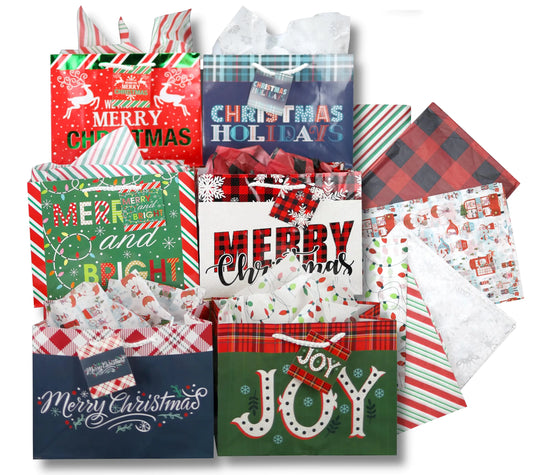 Iconikal Medium Gift Bags With Tissue Paper for Christmas 24-Pack Fun Bright Designs Merry Christmas Joy Holidays