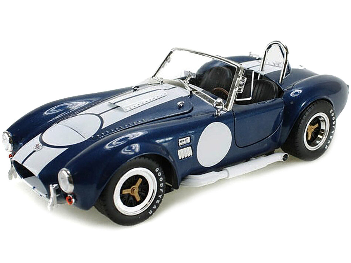 1965 Shelby Cobra 427 S/C Dark Blue Metallic with White Stripes with Printed Carroll Shelby's Signature on the Trunk 1/18 Diecast Model Car by Shelby Collectibles LuxuryLifeWay Online Store