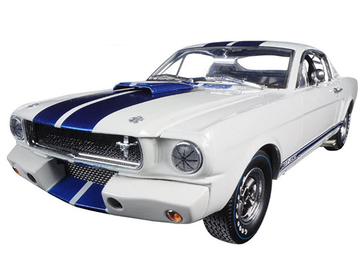 1965 Ford Mustang Shelby GT350R White with Blue Stripes and Printed Carroll Shelby's Signature on the Roof 1/18 Diecast Model Car by Shelby Collectibles LuxuryLifeWay Online Store